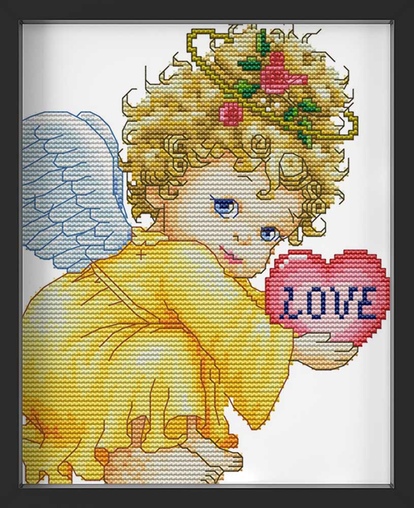 Kreuzstich -  kleiner Engel Love gelb | 25x25 cm - Diy - Fadenkunst