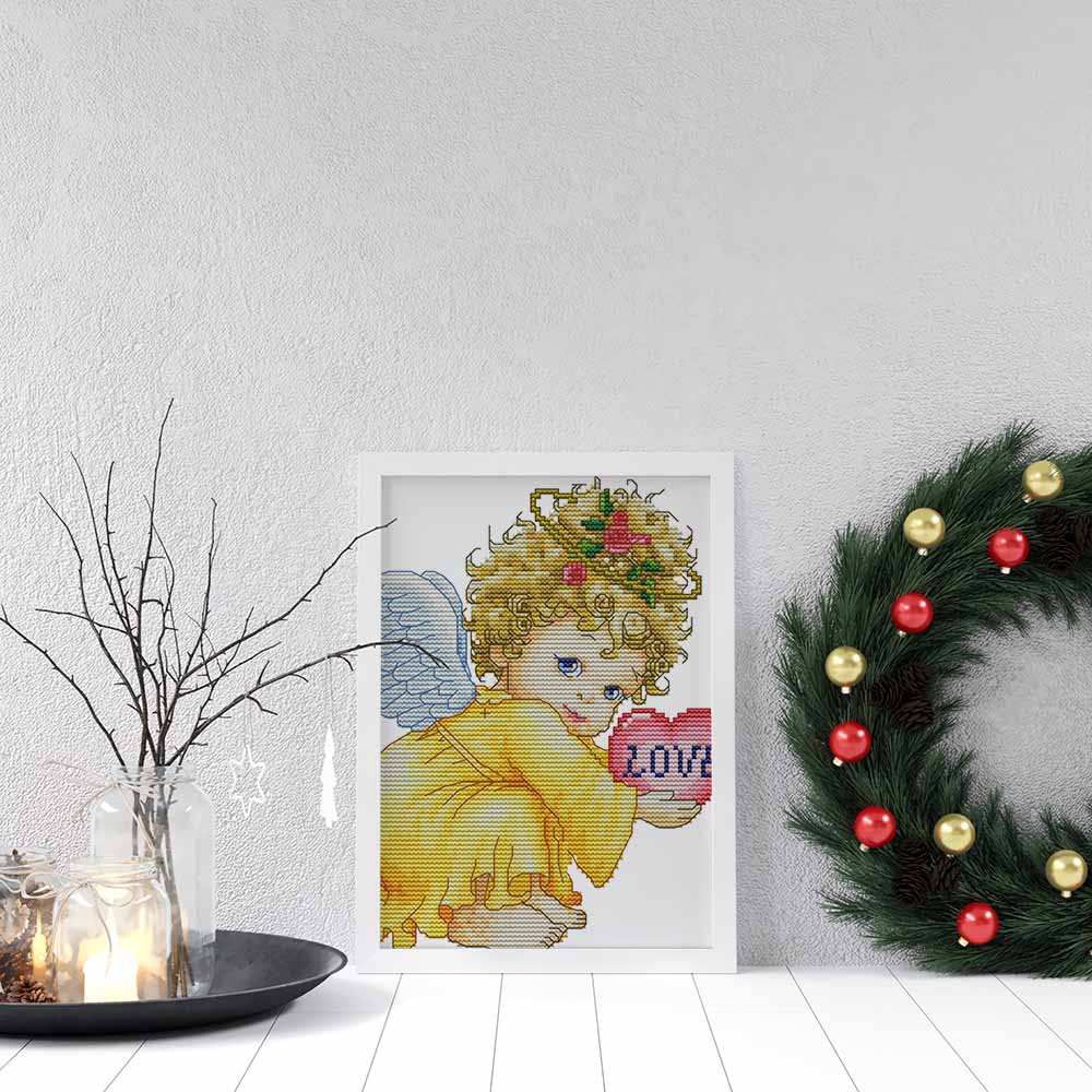 Kreuzstich -  kleiner Engel Love gelb | 25x25 cm - Diy - Fadenkunst