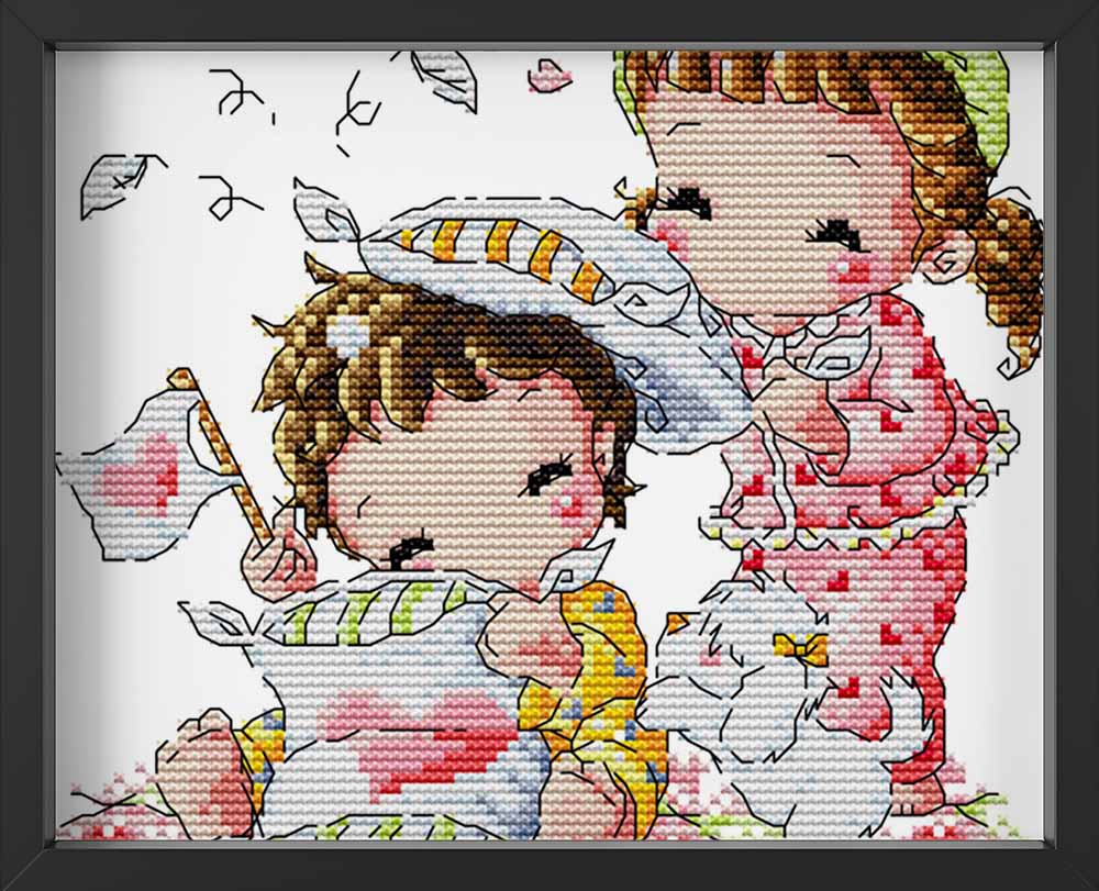Kreuzstich -  kleines Kinder machen Kissenschlacht | 20x25 cm - Diy - Fadenkunst