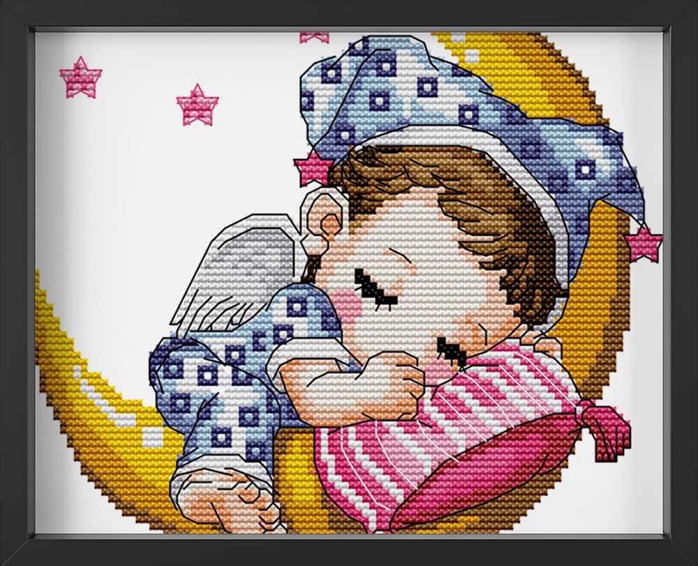 Kreuzstich -  kleines Kinder schläft auf Mond | 20x20 cm - Diy - Fadenkunst