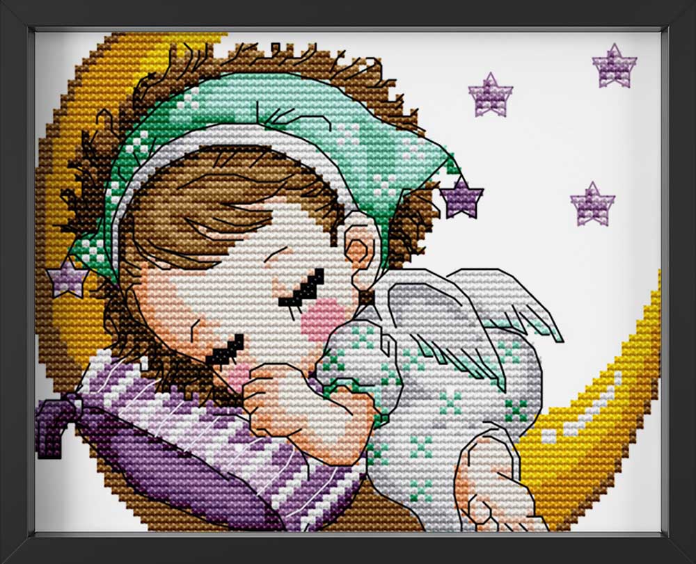 Kreuzstich -  kleines Mädchen schläft auf Mond | 20x20 cm - Diy - Fadenkunst