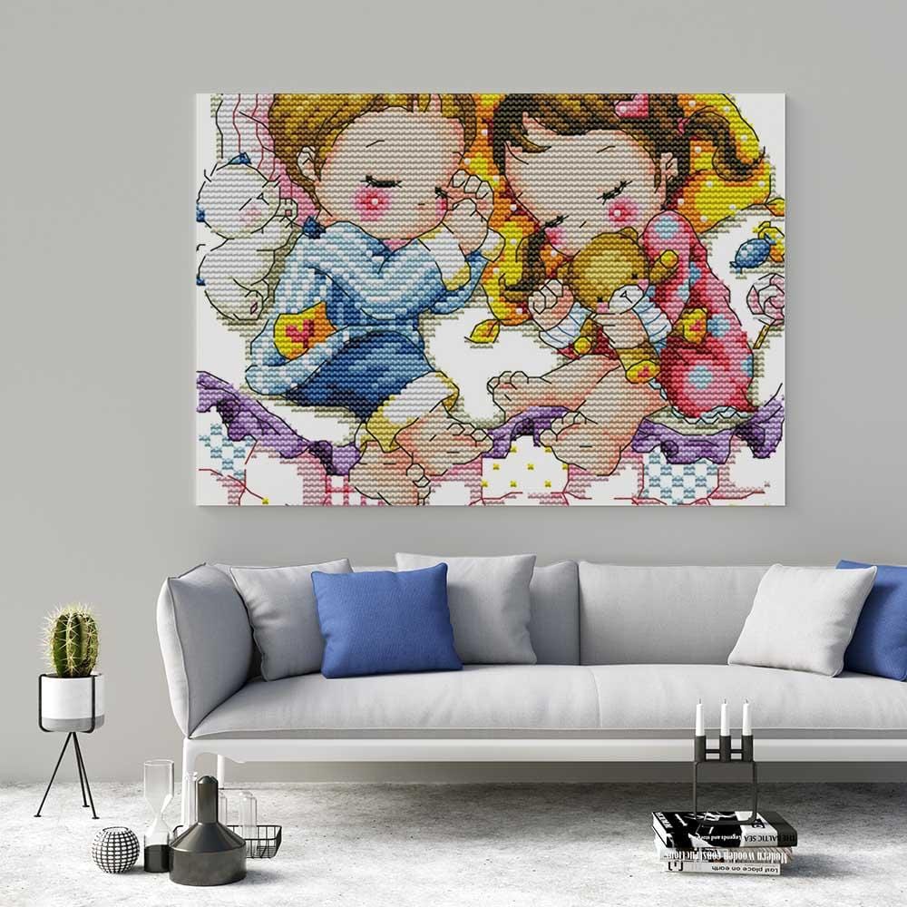 Kreuzstich -  Kinder schlafen mit Teddy| 30x25 cm - Diy - Fadenkunst
