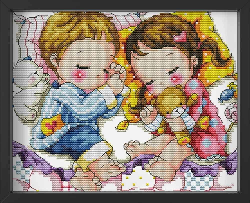 Kreuzstich -  Kinder schlafen mit Teddy| 30x25 cm - Diy - Fadenkunst
