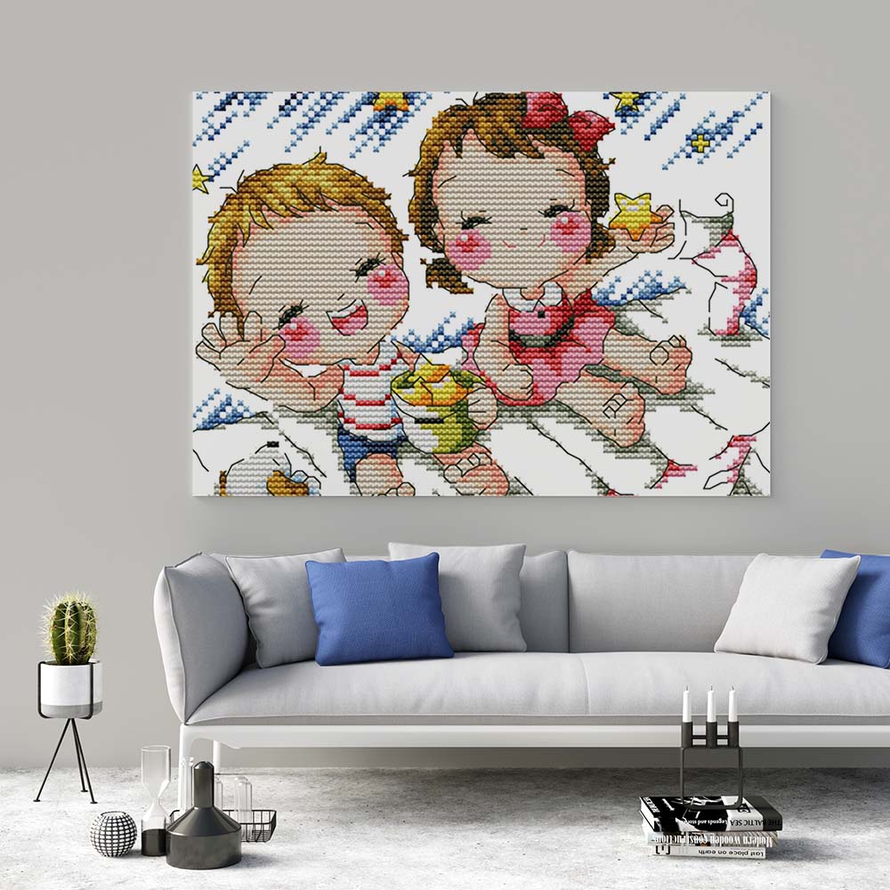 Kreuzstich -  zwei kleine Kinder am winken | 25x25 cm - Diy - Fadenkunst