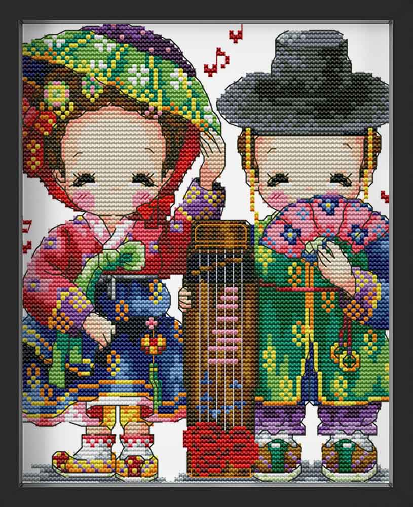 Kreuzstich -  zwei verkleidete Kinder mit Hut | 20x25 cm - Diy - Fadenkunst