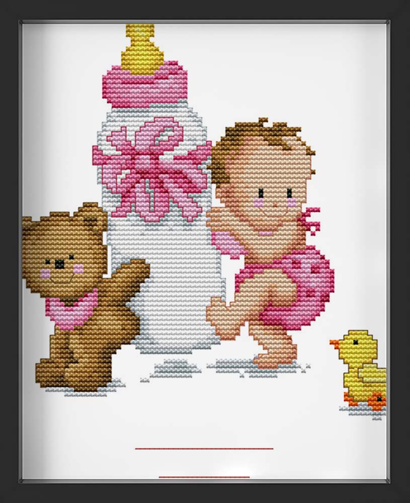 Kreuzstich -  Baby mit Flasche Rosa | 20x25 cm - Diy - Fadenkunst