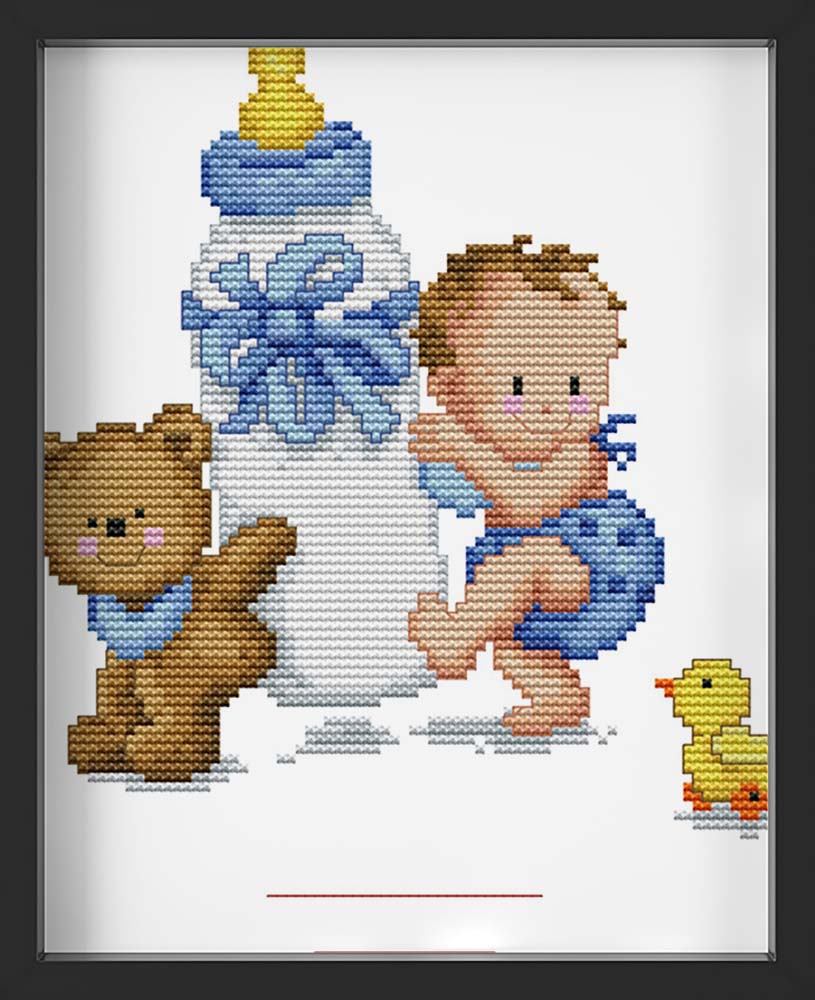 Kreuzstich -  Baby mit Flasche Blau | 20x25 cm - Diy - Fadenkunst