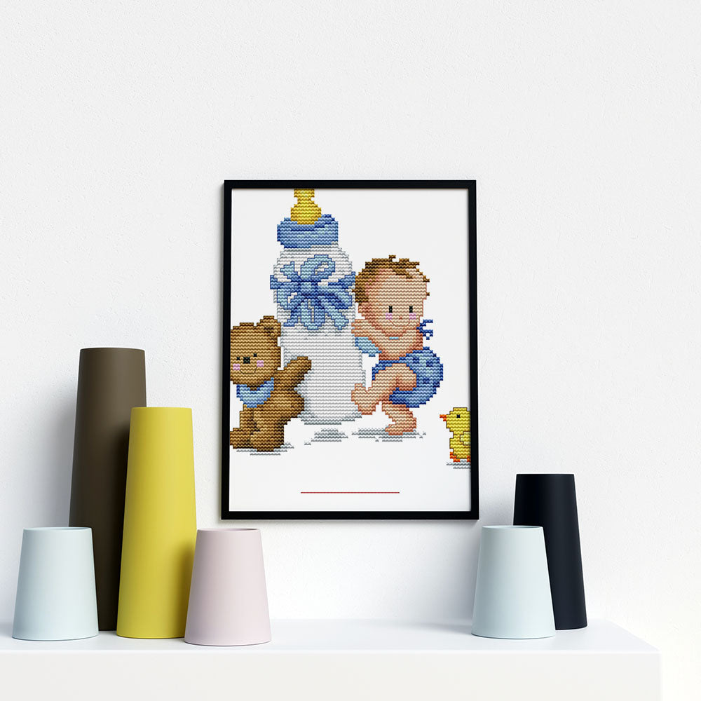 Kreuzstich -  Baby mit Flasche Blau | 20x25 cm - Diy - Fadenkunst
