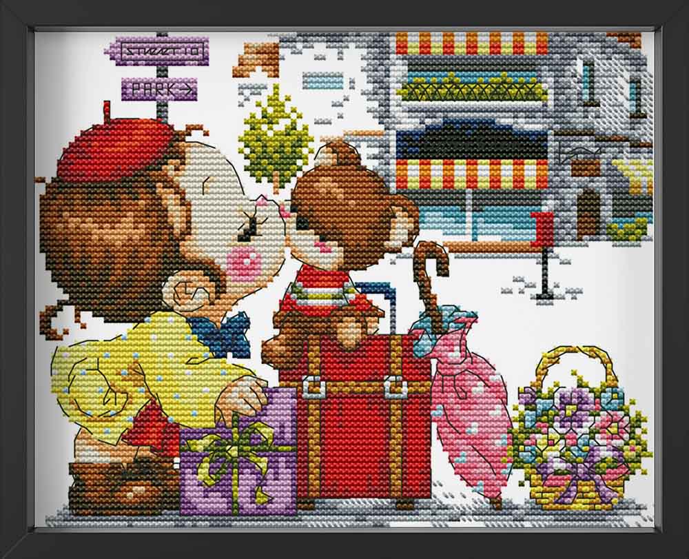 Kreuzstich -  Kind mit Teddy auf Reisen | 25x20 cm - Diy - Fadenkunst