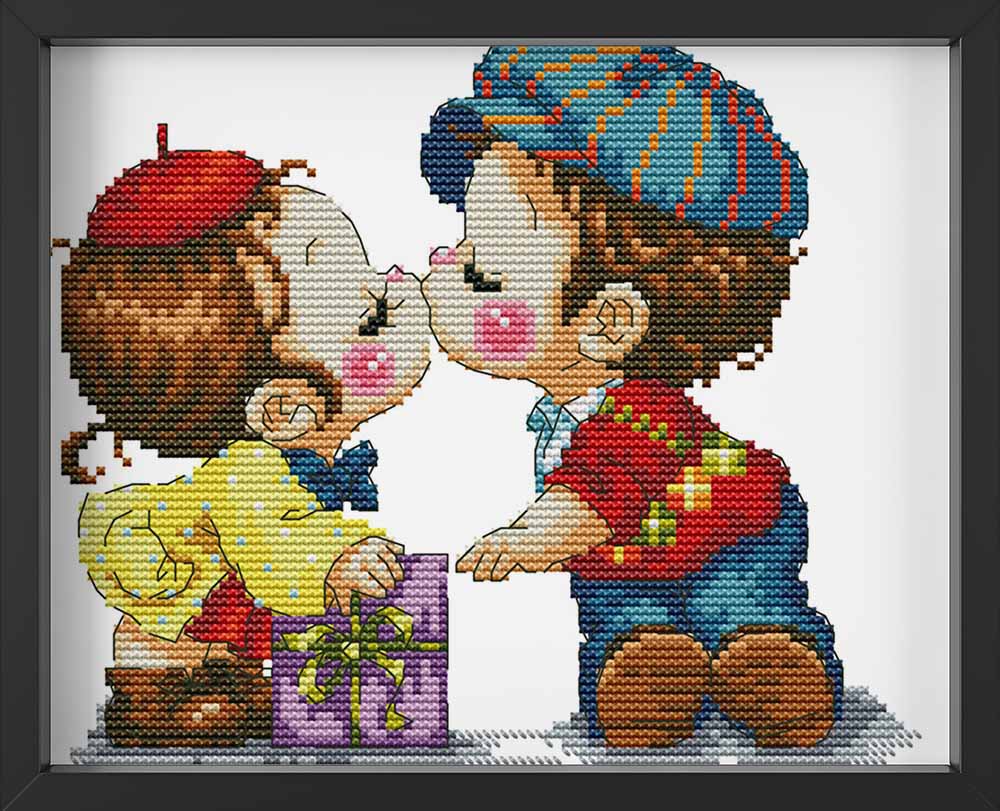 Kreuzstich -  zwei Kinder küssen sich | 25x20 cm - Diy - Fadenkunst