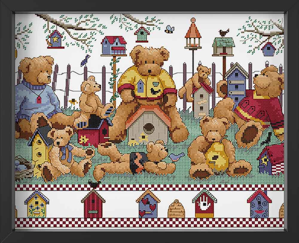Kreuzstich -  Teddy Familie im Garten | 50x30 cm - Diy - Fadenkunst