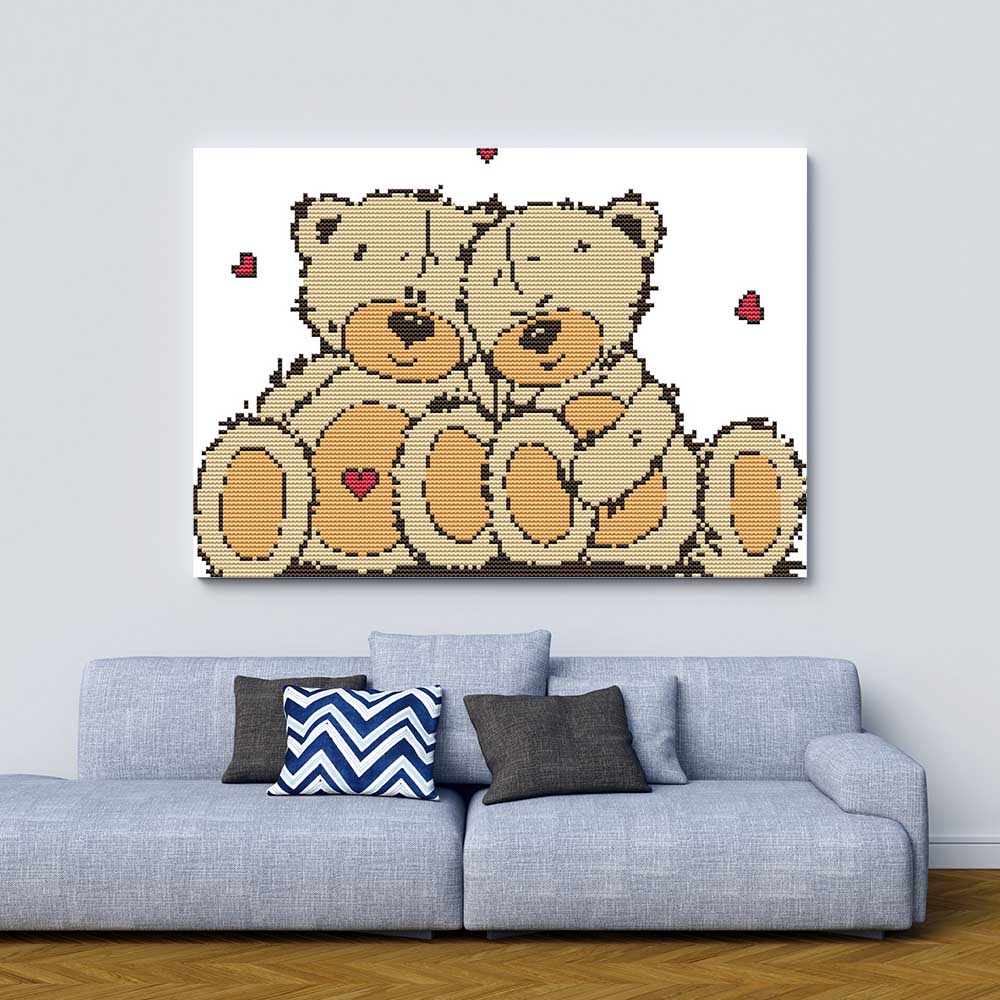 Kreuzstich -  Teddys lieben sich Herzchen | 35x30 cm - Diy - Fadenkunst