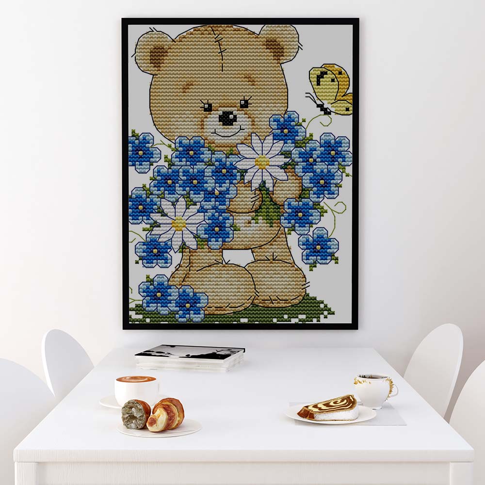 Kreuzstich -  Teddy mit blauen Blumen | 15x20 cm - Diy - Fadenkunst