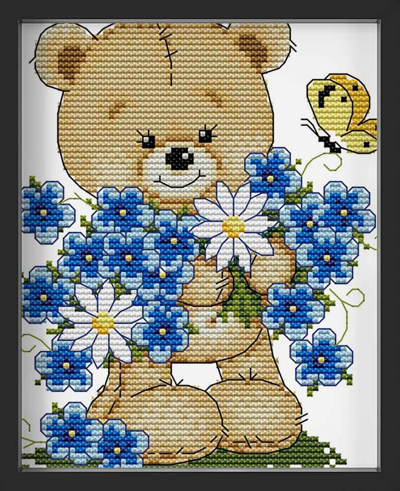 Kreuzstich -  Teddy mit blauen Blumen | 15x20 cm - Diy - Fadenkunst