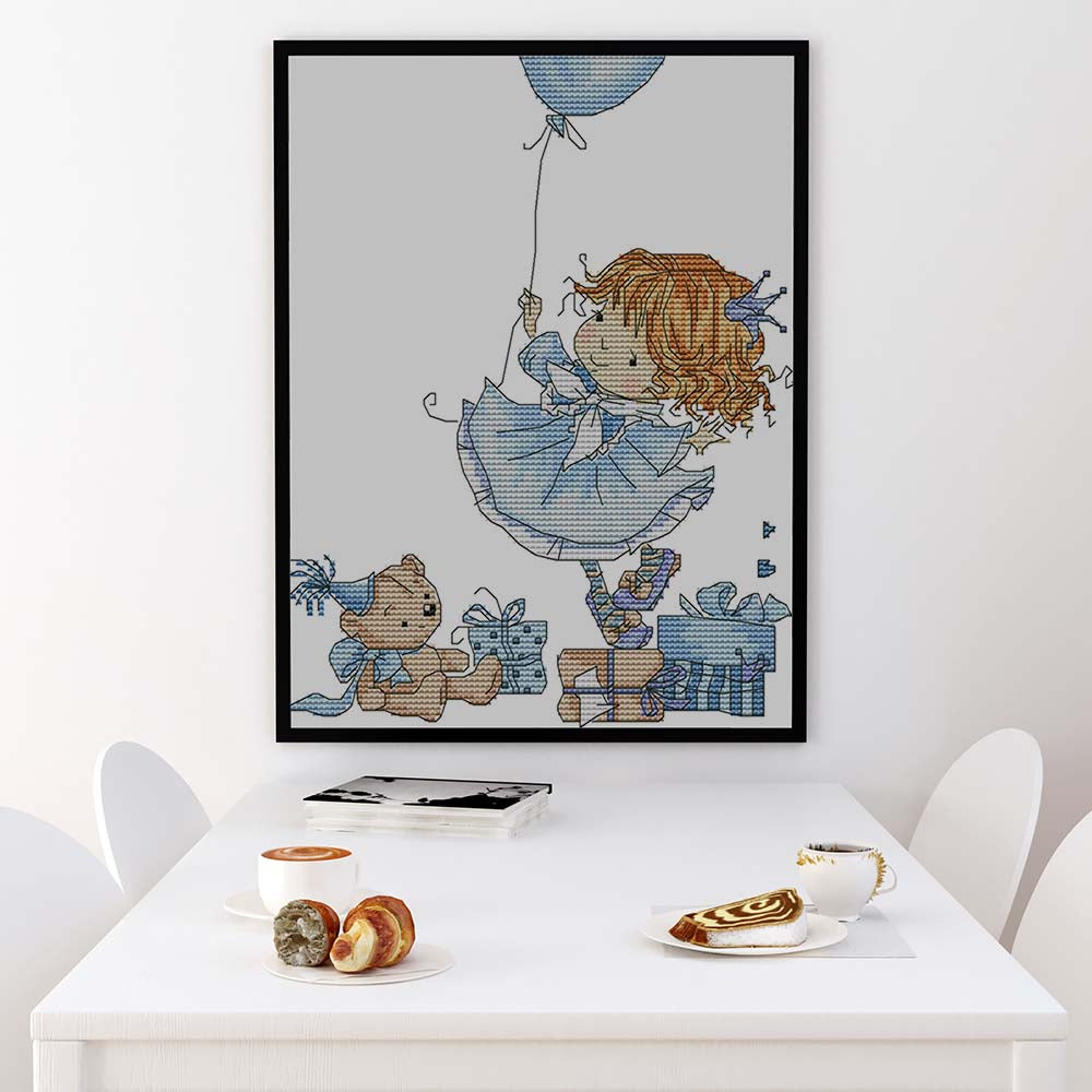 Kreuzstich -  kleines Mädchen mit Ballon | 25x30 cm - Diy - Fadenkunst