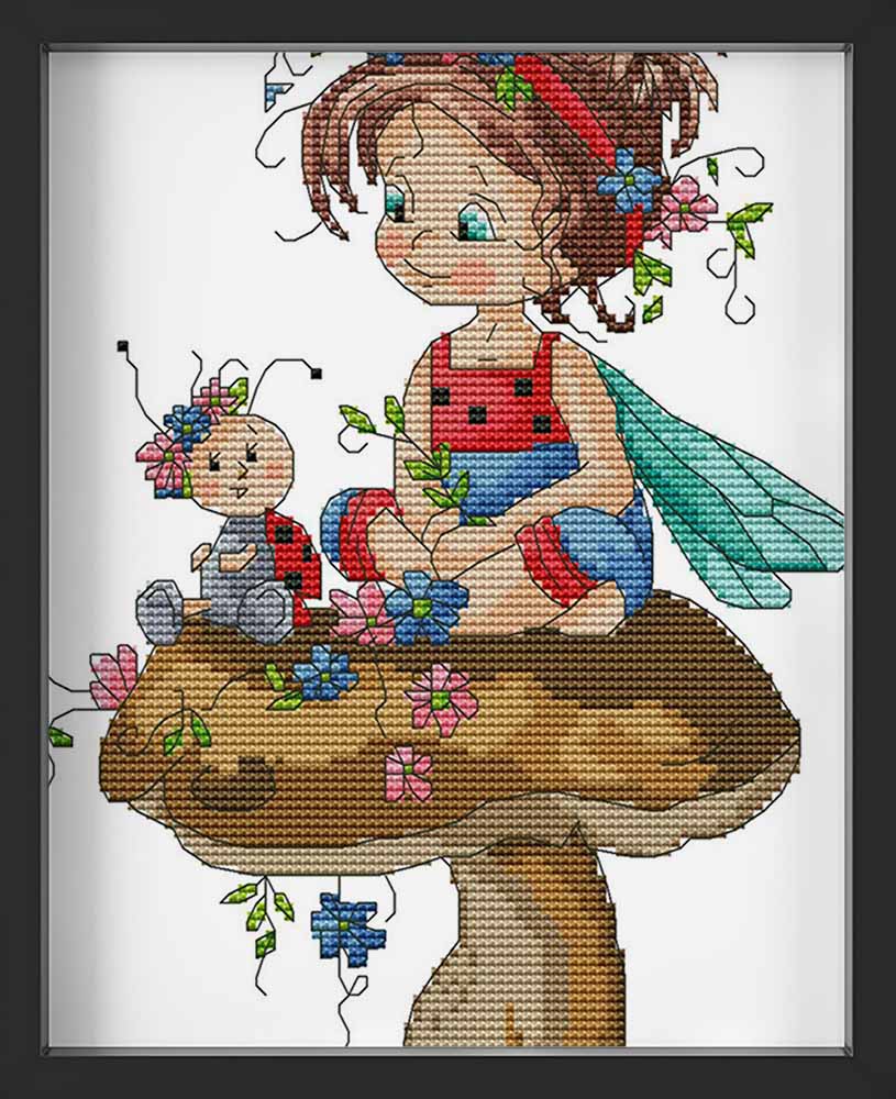 Kreuzstich -  Mädchen und Maikäfer auf Pilz | 20x30 cm - Diy - Fadenkunst