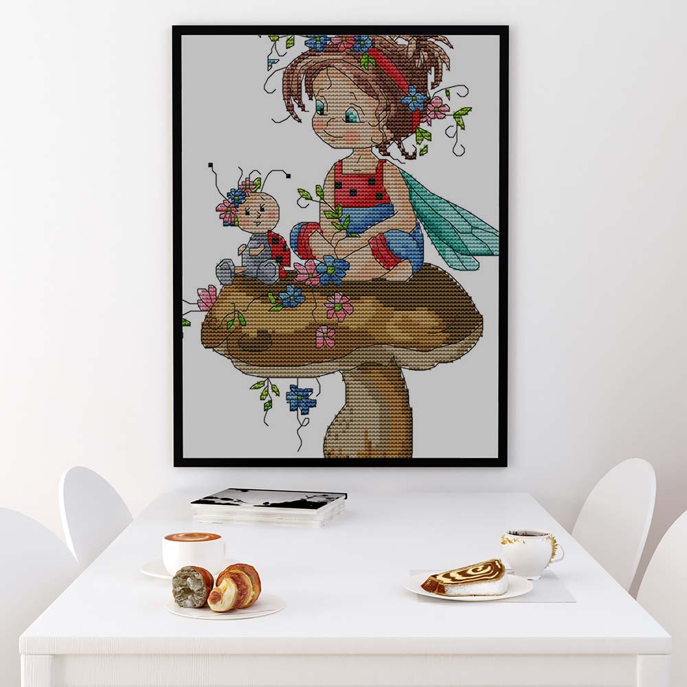 Kreuzstich -  Mädchen und Maikäfer auf Pilz | 20x30 cm - Diy - Fadenkunst