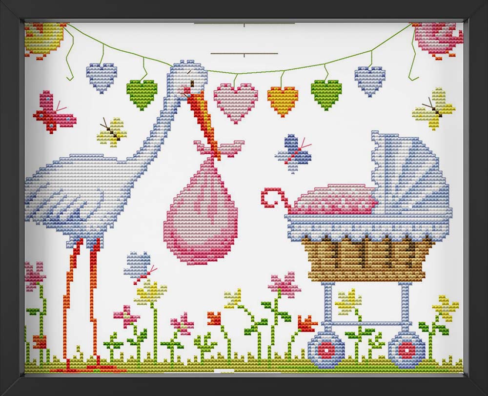 Kreuzstich -  Baby Geburt Storch bringt Geschenk | 30x25 cm - Diy - Fadenkunst