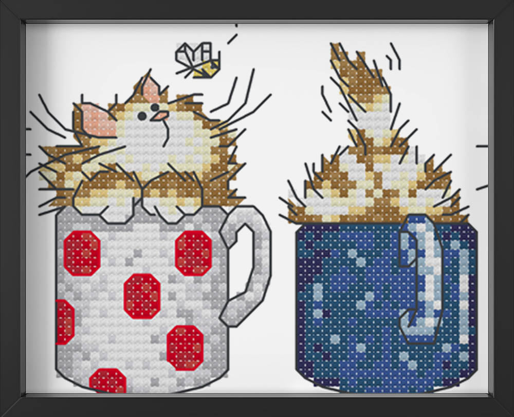 Kreuzstich -  Katze in Kaffeetasse | 30x15 cm - Diy - Fadenkunst