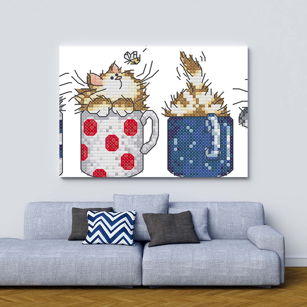 Kreuzstich -  Katze in Kaffeetasse | 30x15 cm - Diy - Fadenkunst