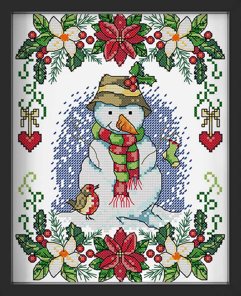 Kreuzstich - Schneemann mit Vogel | 20x30 cm - Diy - Fadenkunst