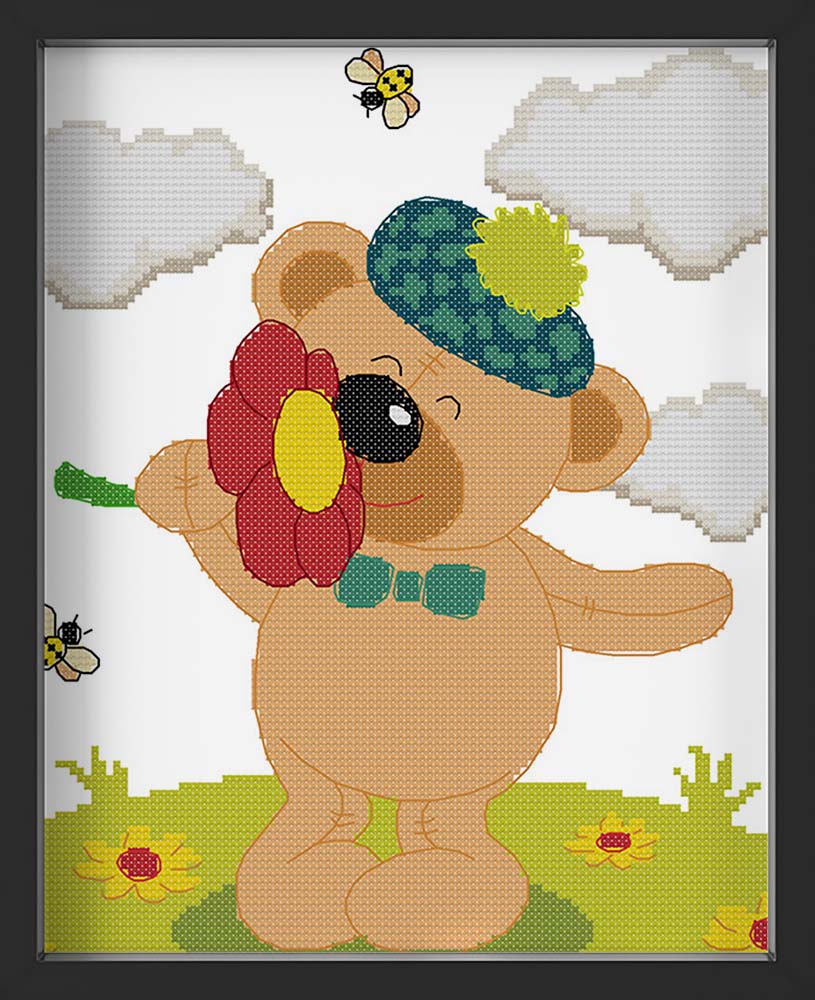 Kreuzstich -  süßer Teddy mit Blume | 30x30 cm - Diy - Fadenkunst