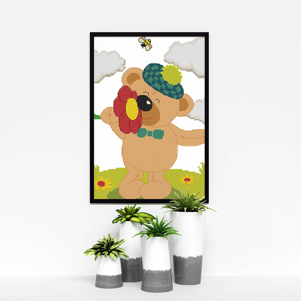 Kreuzstich -  süßer Teddy mit Blume | 30x30 cm - Diy - Fadenkunst