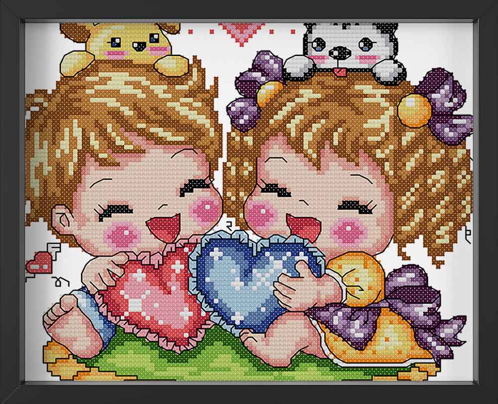 Kreuzstich -  zwei süße Kinder mit Herz | 30x25 cm - Diy - Fadenkunst