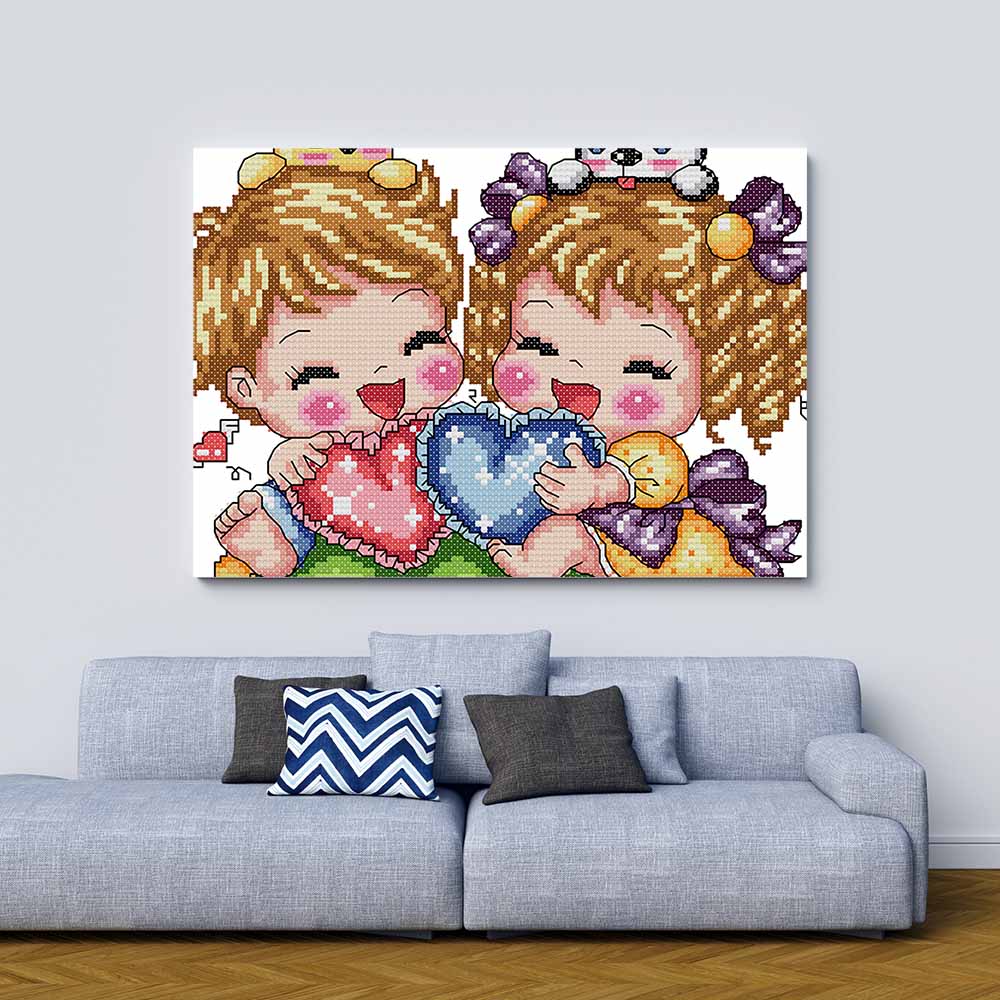 Kreuzstich -  zwei süße Kinder mit Herz | 30x25 cm - Diy - Fadenkunst