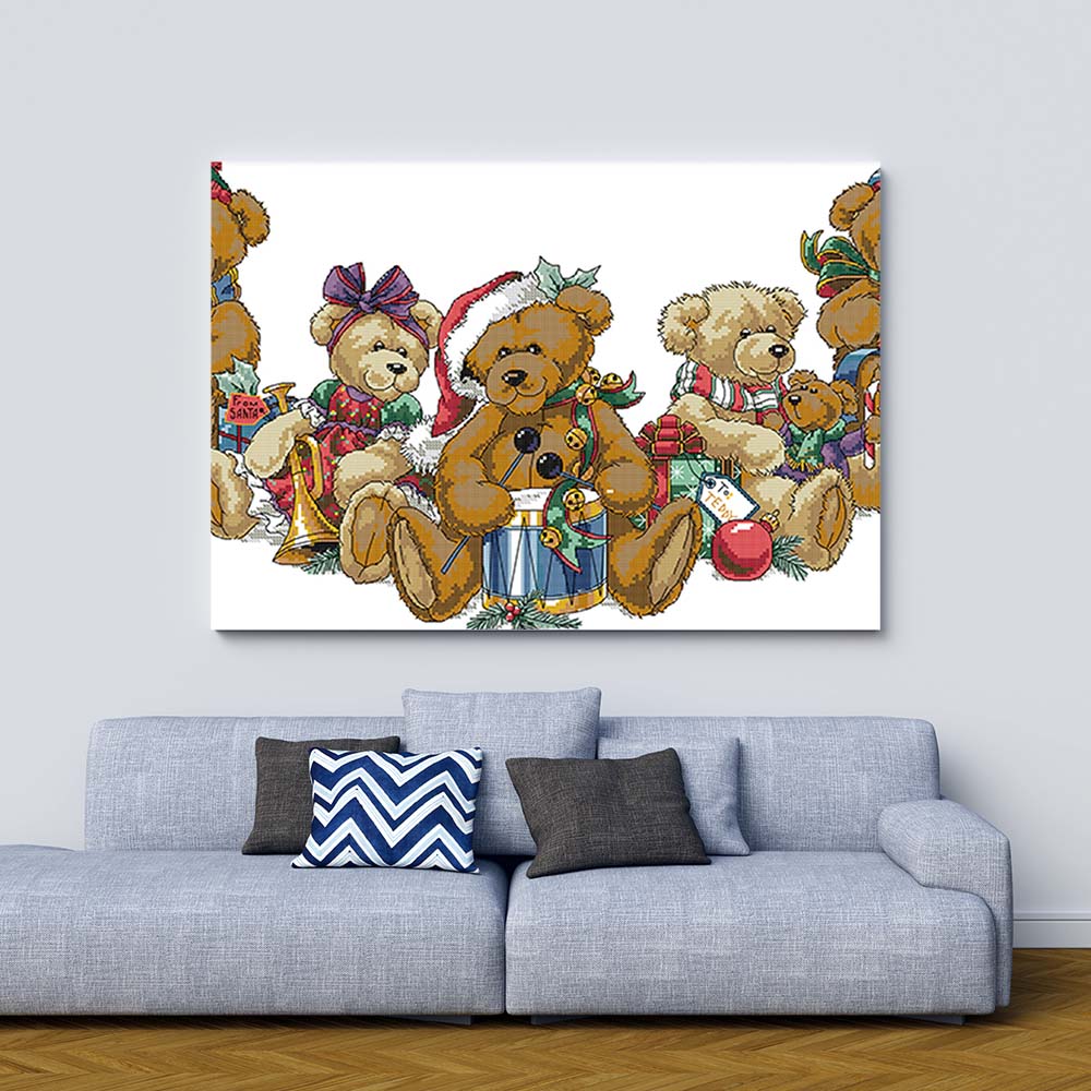 Kreuzstich -  süße Teddys feiern Weihnachten | 70x35 cm - Diy - Fadenkunst
