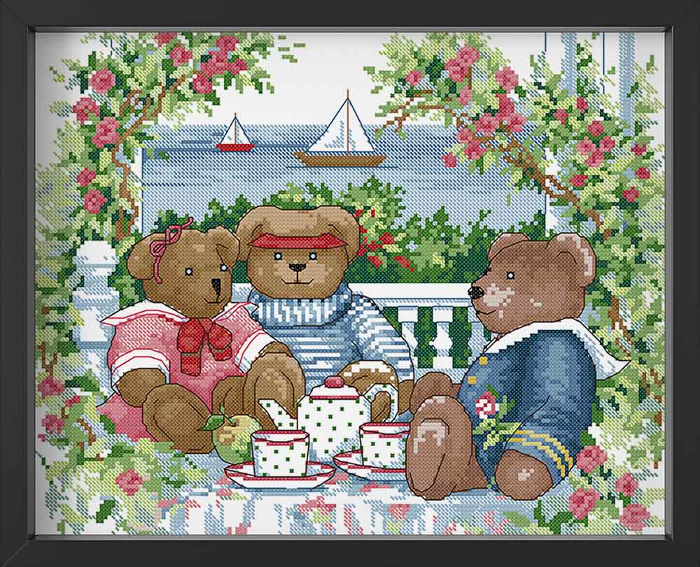 Kreuzstich -  Teddys beim Kaffee trinken | 40x30 cm - Diy - Fadenkunst