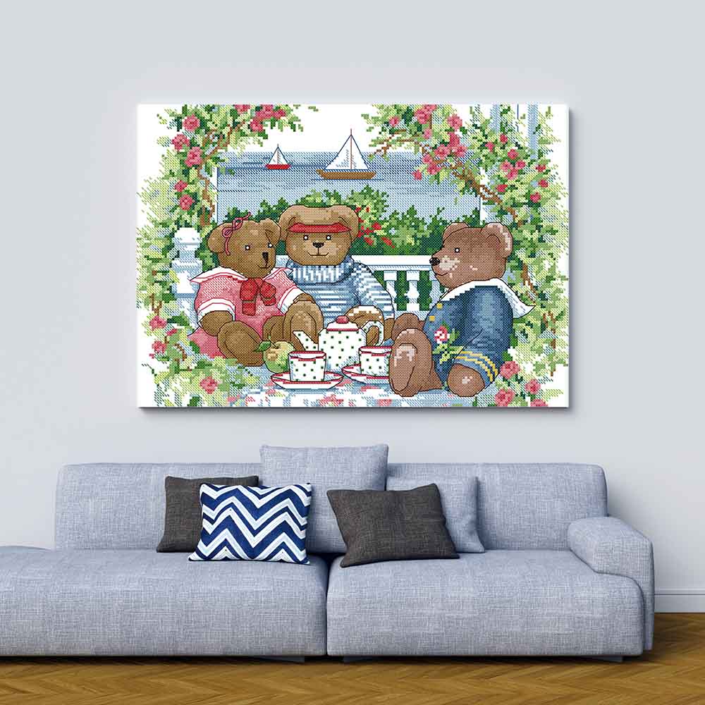 Kreuzstich -  Teddys beim Kaffee trinken | 40x30 cm - Diy - Fadenkunst