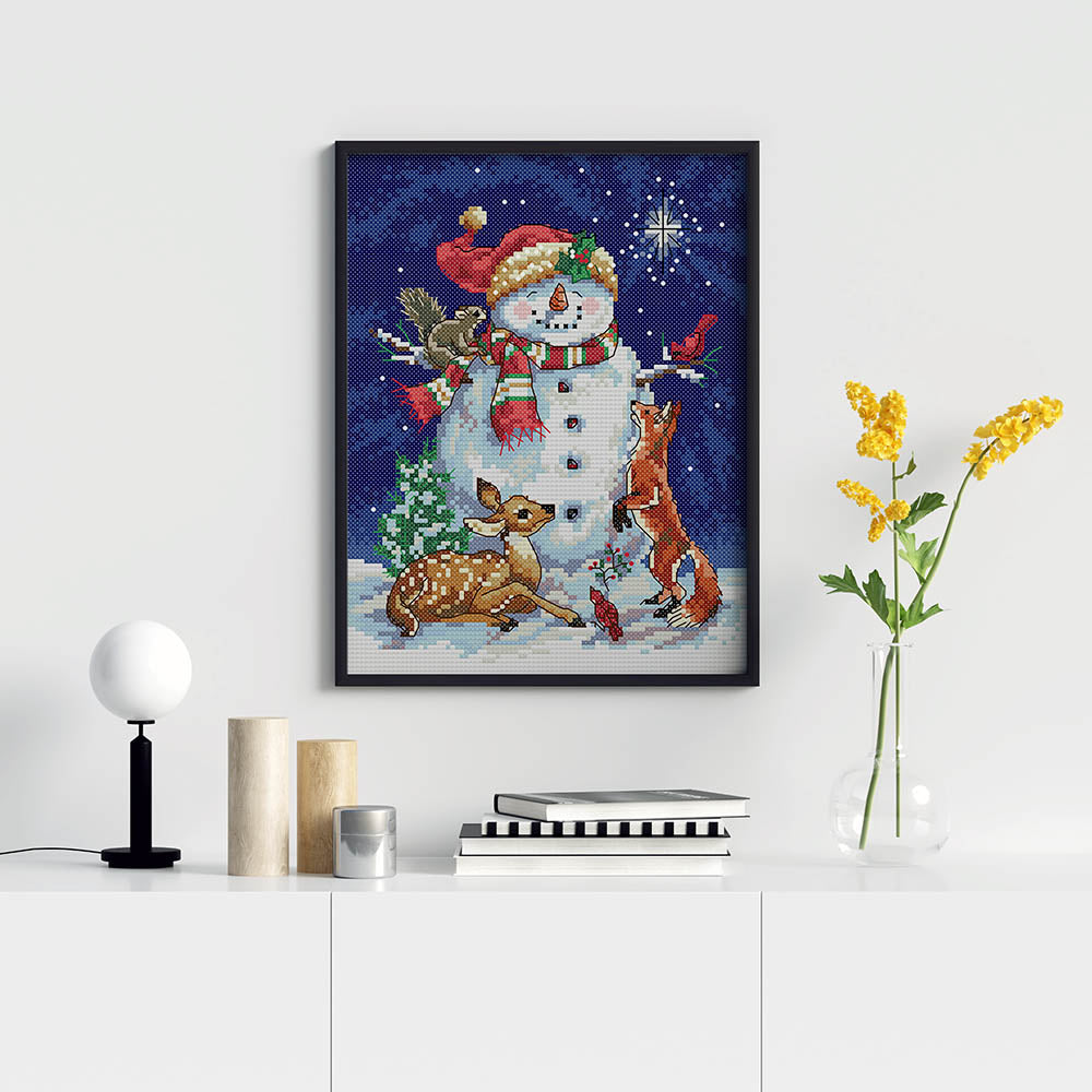 Kreuzstich - Schneemann mit Reh & Fuchs | 20x30 cm - Diy - Fadenkunst