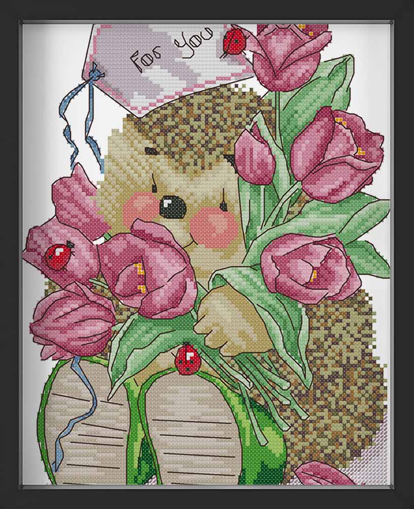 Kreuzstich -  kleiner Igel mit Blume | 25x30 cm - Diy - Fadenkunst