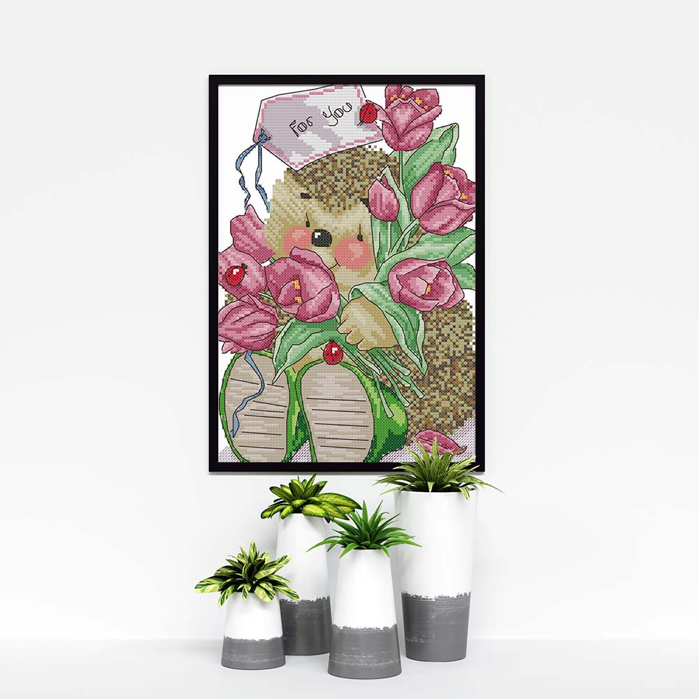 Kreuzstich -  kleiner Igel mit Blume | 25x30 cm - Diy - Fadenkunst