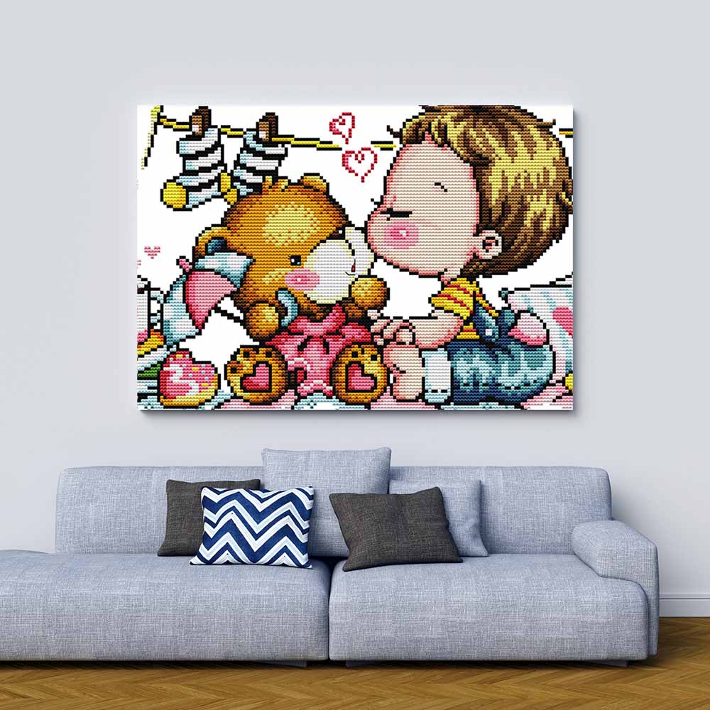 Kreuzstich -  süßes Kind mit Teddy | 40x30 cm - Diy - Fadenkunst