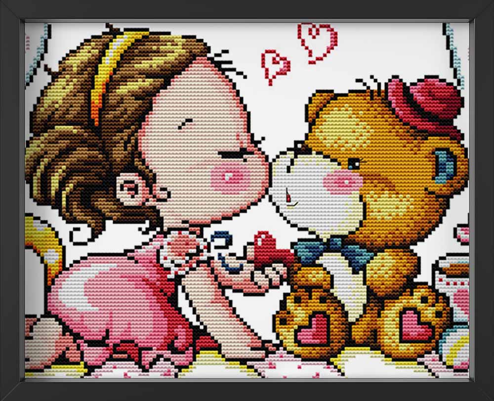 Kreuzstich -  süßes Mädchen mit Teddy | 40x30 cm - Diy - Fadenkunst