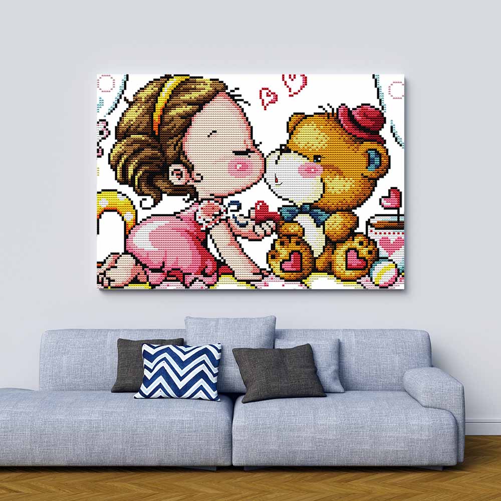 Kreuzstich -  süßes Mädchen mit Teddy | 40x30 cm - Diy - Fadenkunst