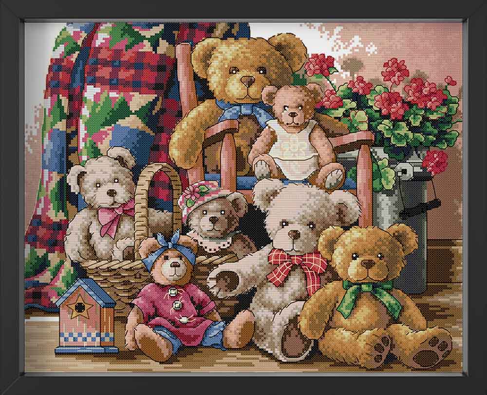 Kreuzstich -  süße Teddy Familie | 40x30 cm - Diy - Fadenkunst