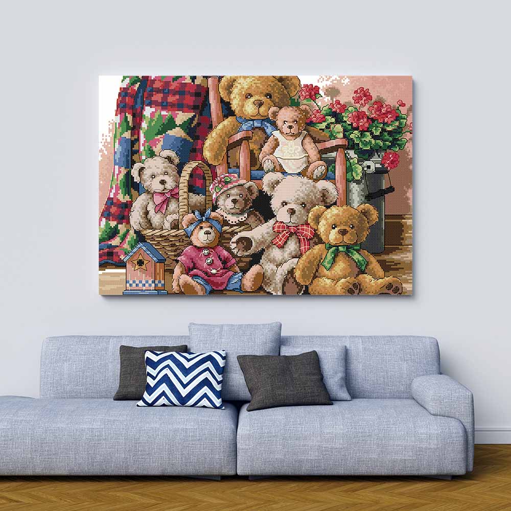 Kreuzstich -  süße Teddy Familie | 40x30 cm - Diy - Fadenkunst