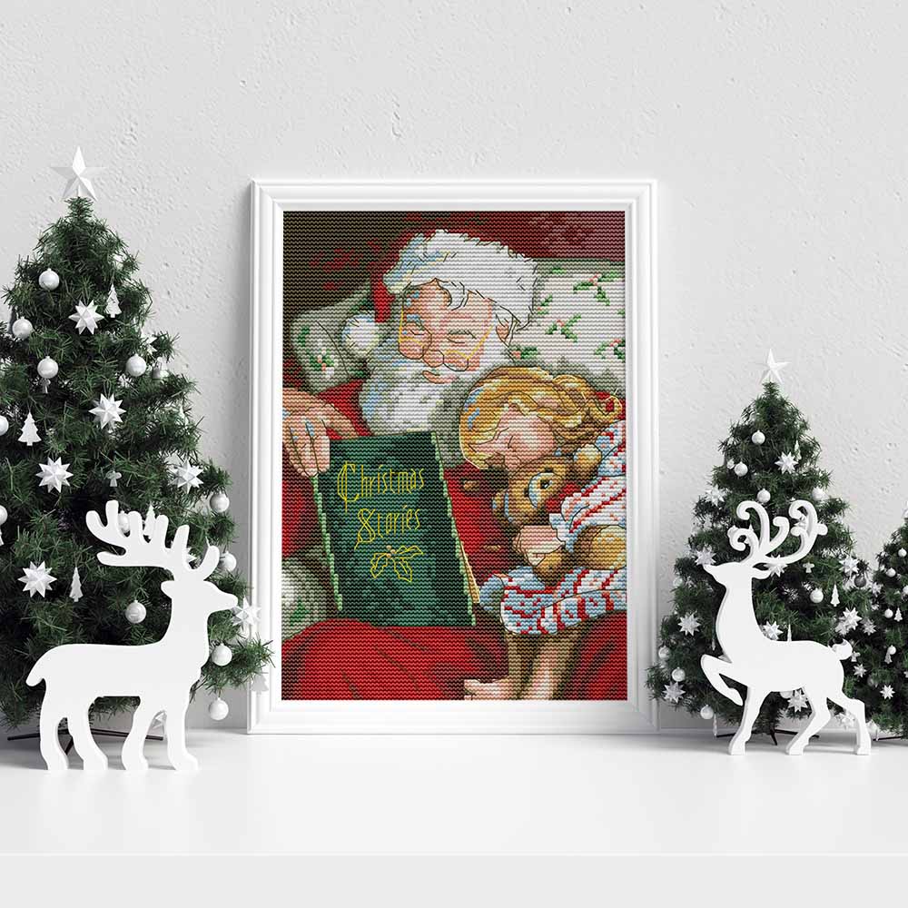 Kreuzstich - Weihnachtsmann mit Kind | 20x30 cm - Diy - Fadenkunst