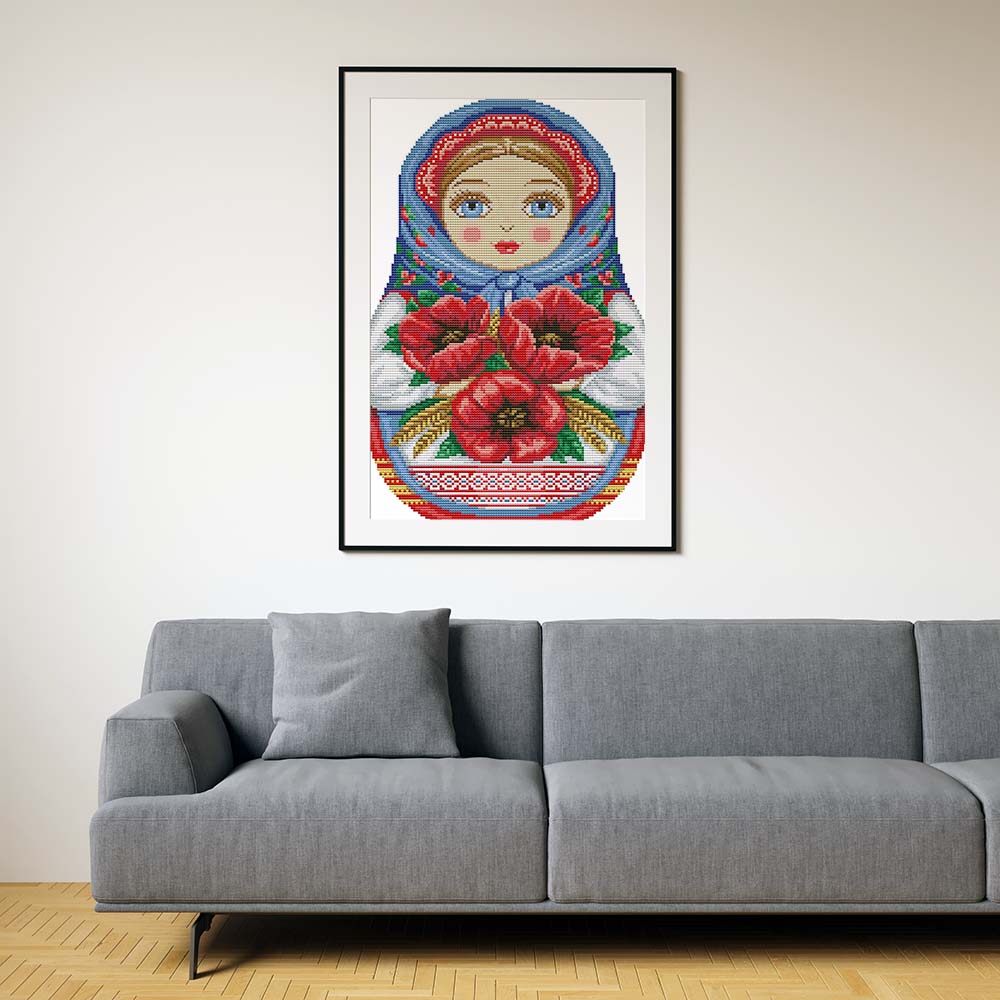 Kreuzstich -   Matrjoschka mit großen Blumen | 30x40 cm - Diy - Fadenkunst