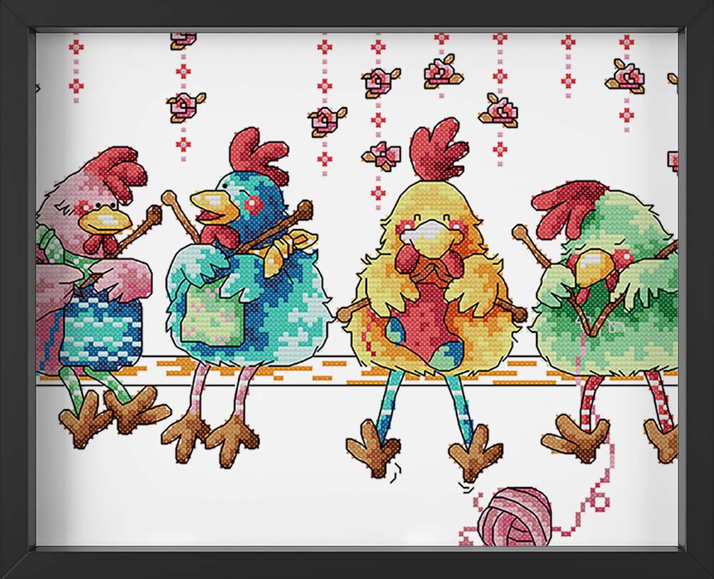 Kreuzstich -  kleine Hühner am stricken | 40x25 cm - Diy - Fadenkunst