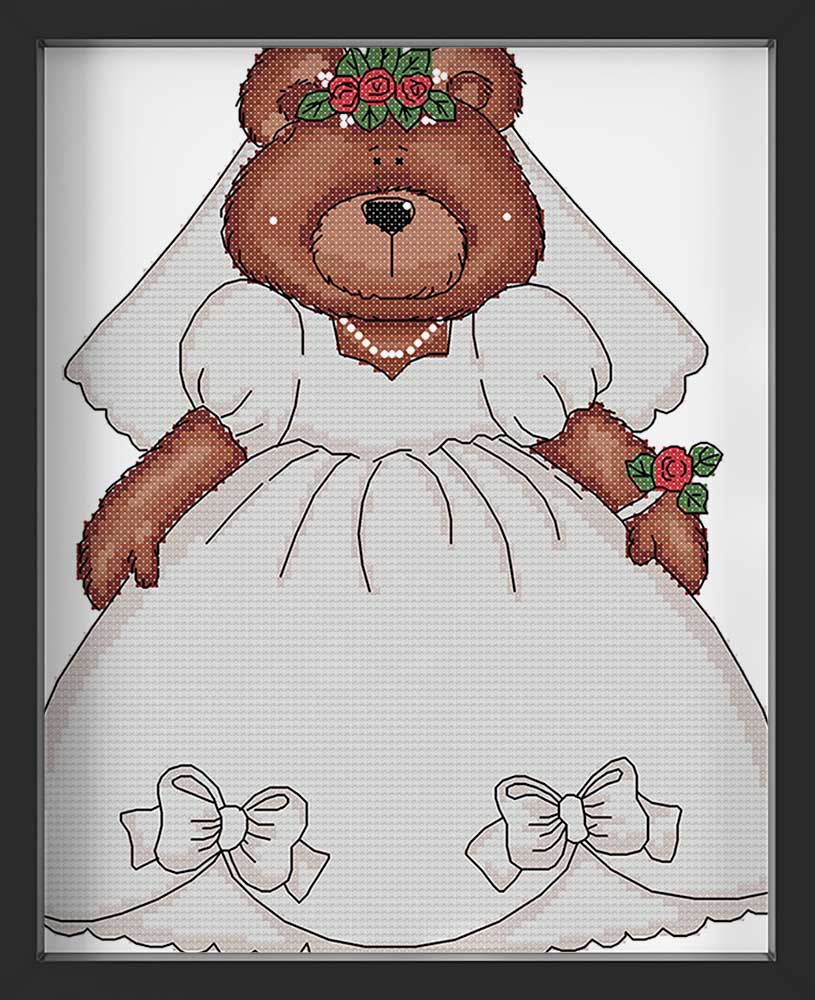 Kreuzstich -  Teddy im Hochzeitskleid | 25x30 cm - Diy - Fadenkunst