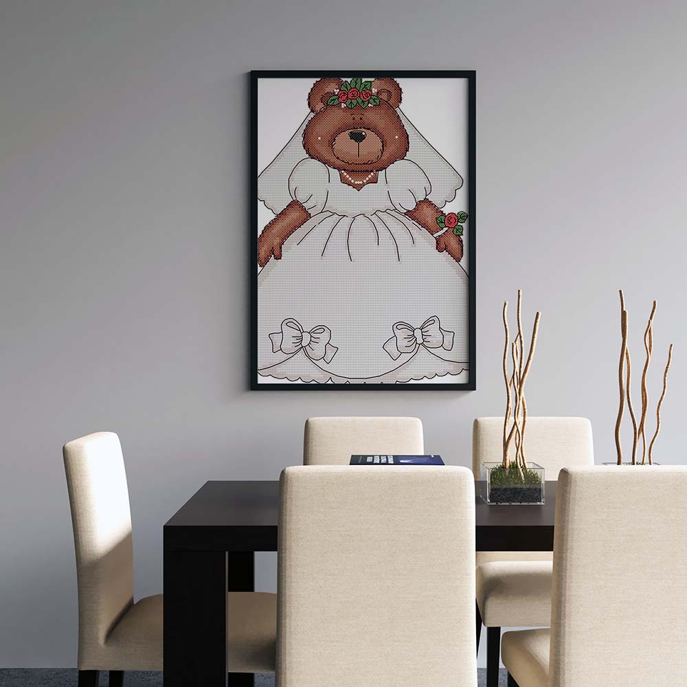 Kreuzstich -  Teddy im Hochzeitskleid | 25x30 cm - Diy - Fadenkunst