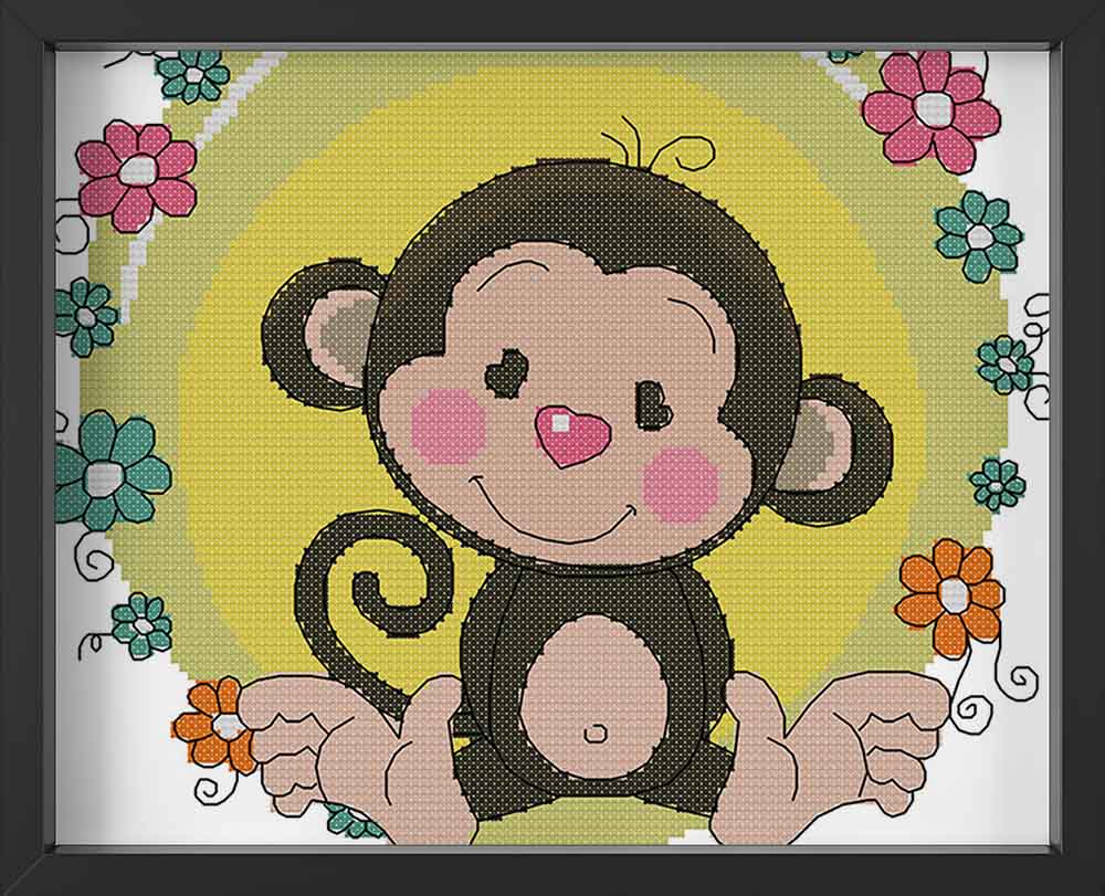 Kreuzstich -  kleiner Affe mit Blumen | 30x30 cm - Diy - Fadenkunst