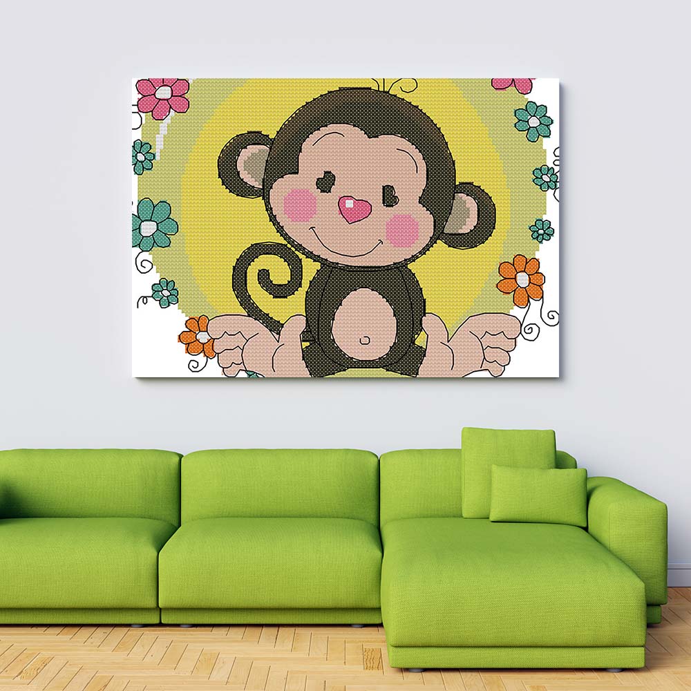 Kreuzstich -  kleiner Affe mit Blumen | 30x30 cm - Diy - Fadenkunst