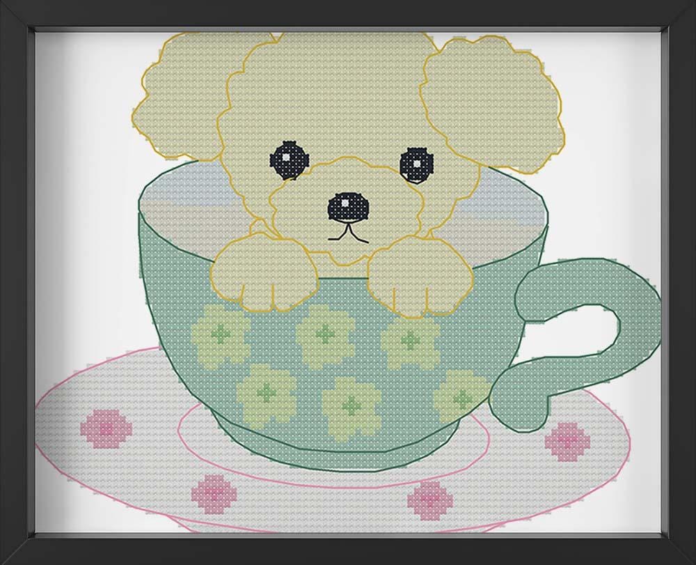 Kreuzstich -  kleiner Hund in Tasse | 20x20 cm - Diy - Fadenkunst