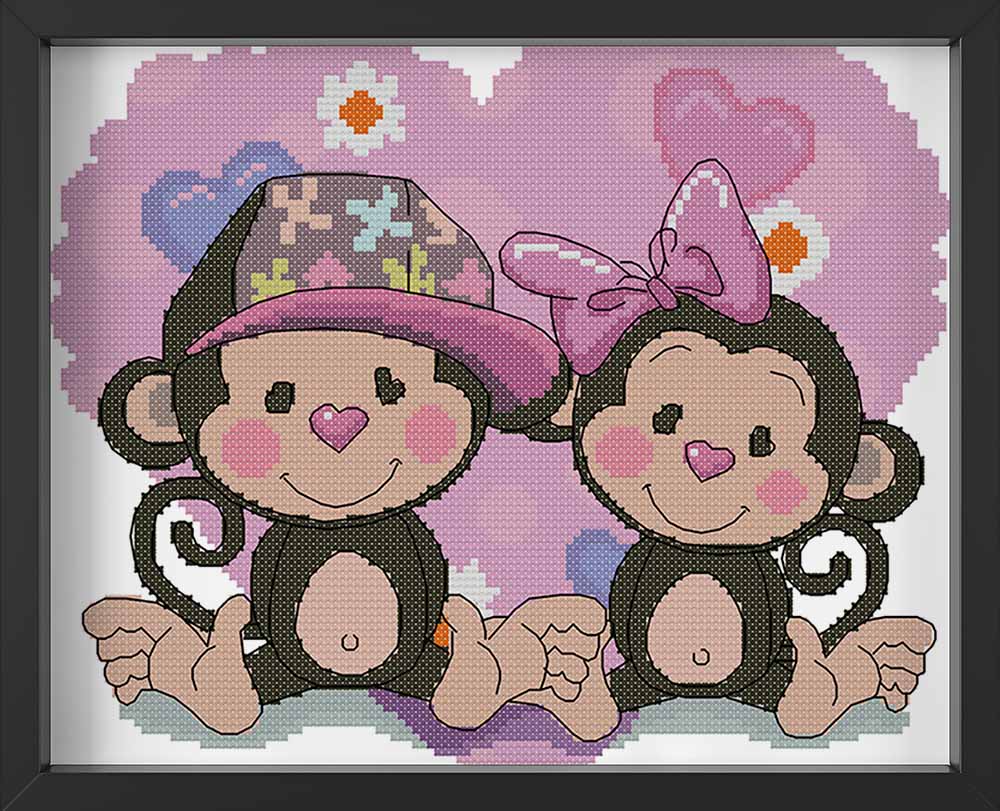 Kreuzstich -  zwei kleine Affen | 30x25 cm - Diy - Fadenkunst