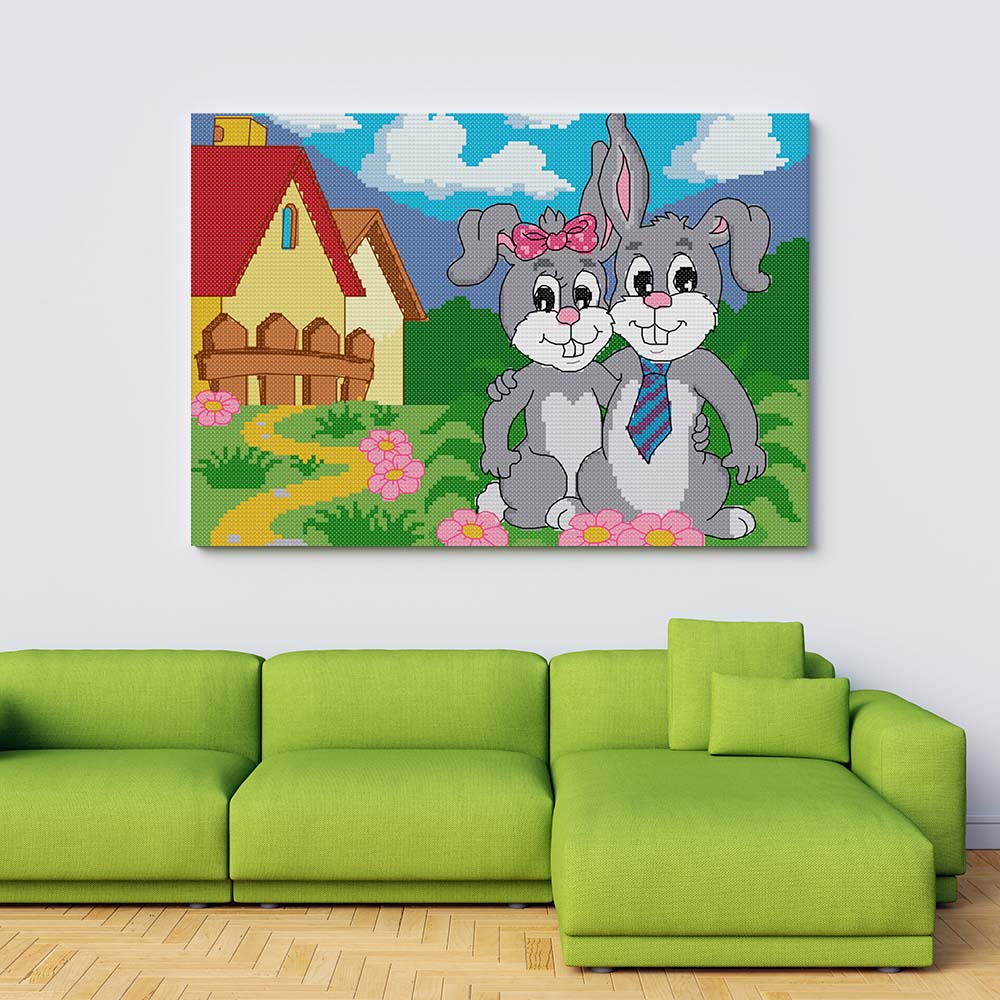 Kreuzstich -  zwei Hasen im grünen | 35x30 cm - Diy - Fadenkunst